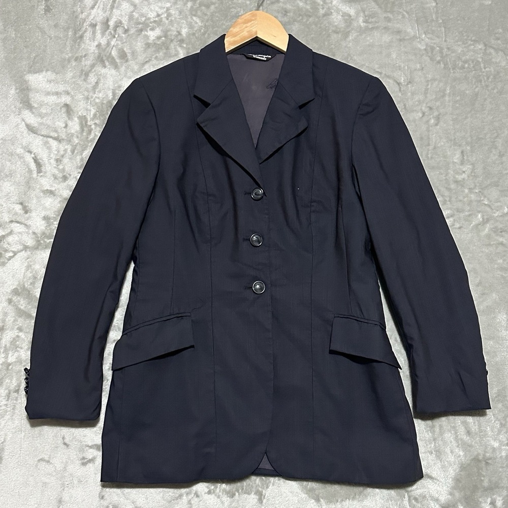 Grand Prix Check Equestrian Blazer Show Jacket Womens Size 12 Blue Wool Stretch